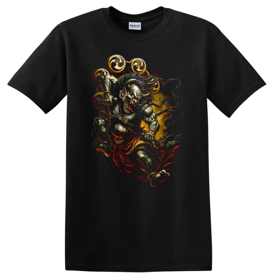 Japanese Style Oni Warrior T Shirt Dramatic Fire Art Graphic - Black
