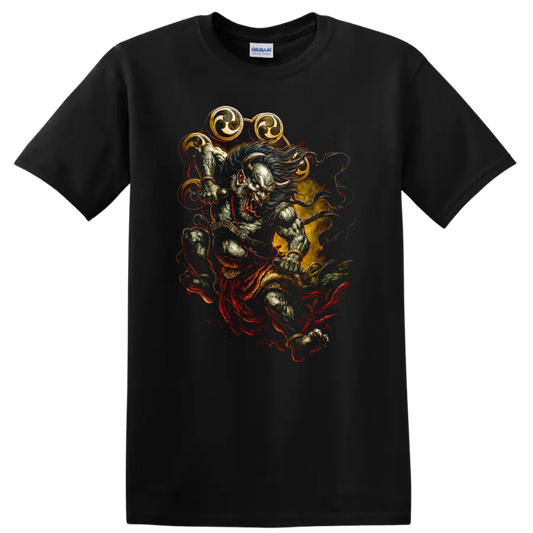 Japanese Style Oni Warrior T Shirt Dramatic Fire Art Graphic - Black