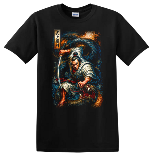 Japanese Samurai Dragon Warrior T Shirt Fierce Katana Art - Black