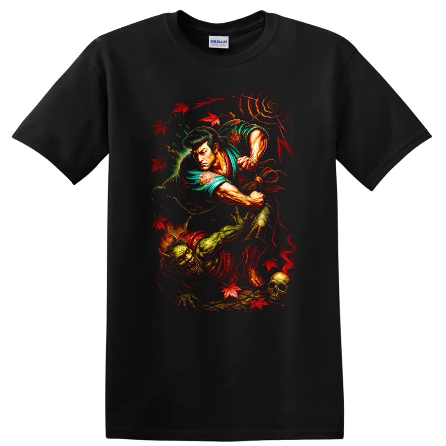 Japanese Samurai Warrior Dragon T Shirt Bold Vintage Anime Style - Black