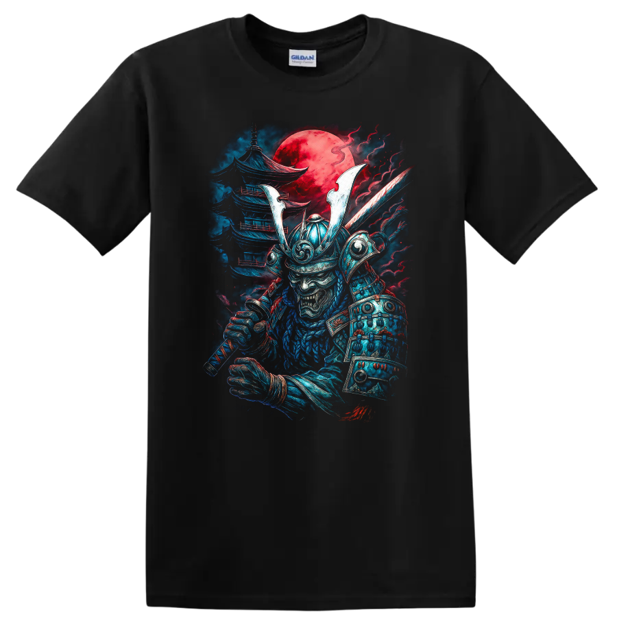Japanese Samurai Oni Warrior T Shirt with Red Moon Samurai Art - Black