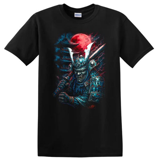 Japanese Samurai Oni Warrior T Shirt with Red Moon Samurai Art - Black