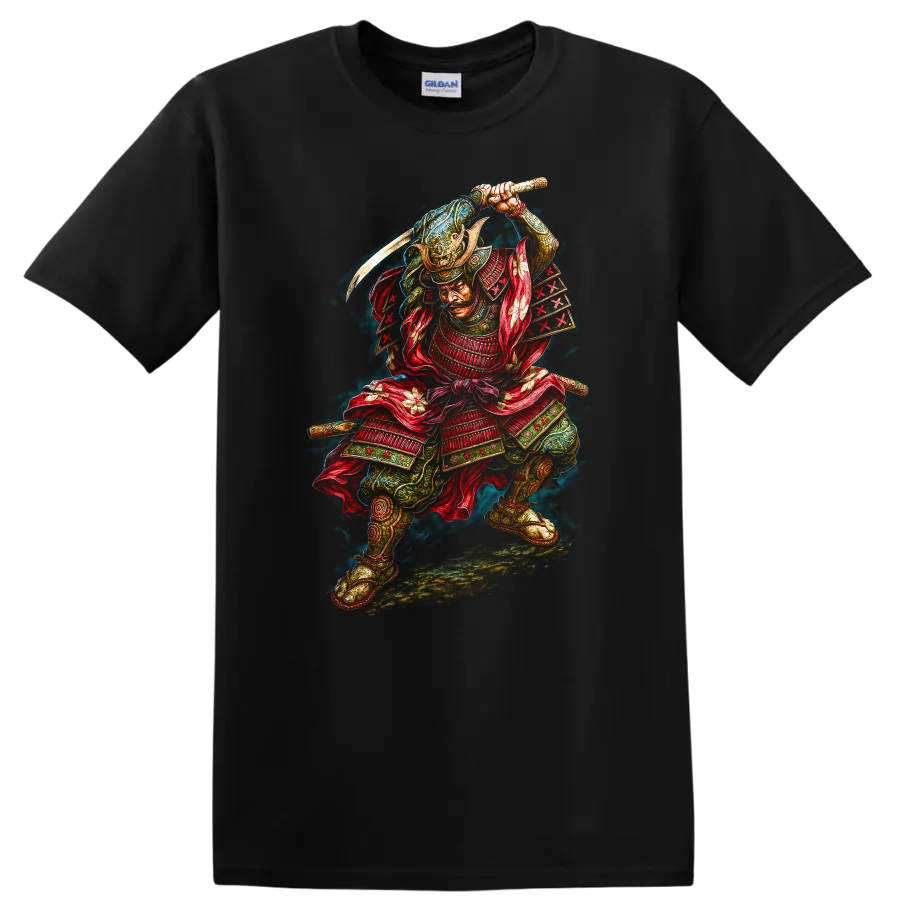 Japanese Samurai Warrior T Shirt Fierce Samurai Sword Art - Black