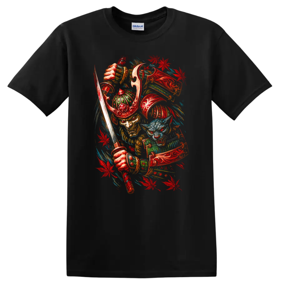 Japanese Samurai Mask T Shirt Red Dragon Warrior Graphic Tee - Black