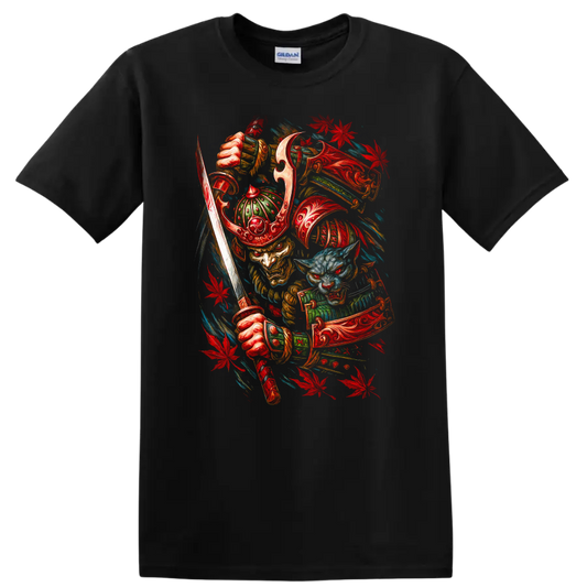 Japanese Samurai Mask T Shirt Red Dragon Warrior Graphic Tee on a Black T Shirt