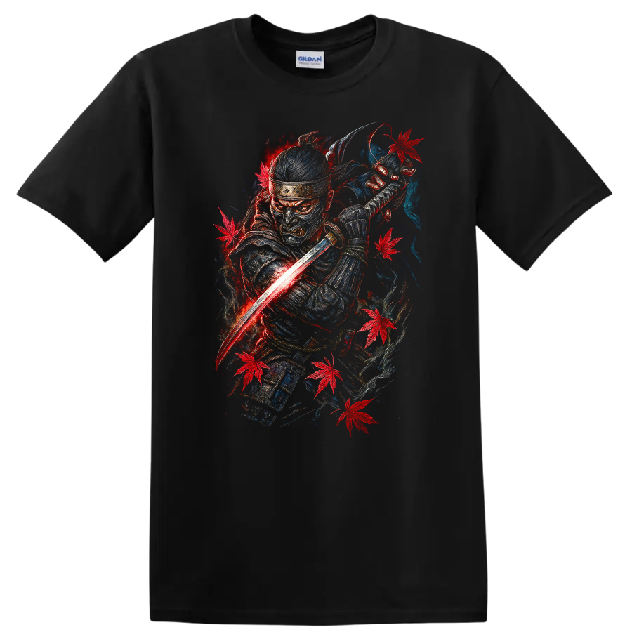 Japanese Samurai Warrior T Shirt Red Blue Maple Leaf Katana Art - Black