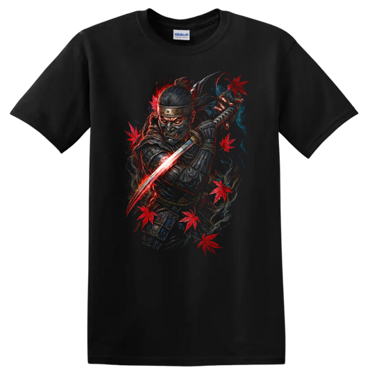Japanese Samurai Warrior T Shirt Red Blue Maple Leaf Katana Art - Black