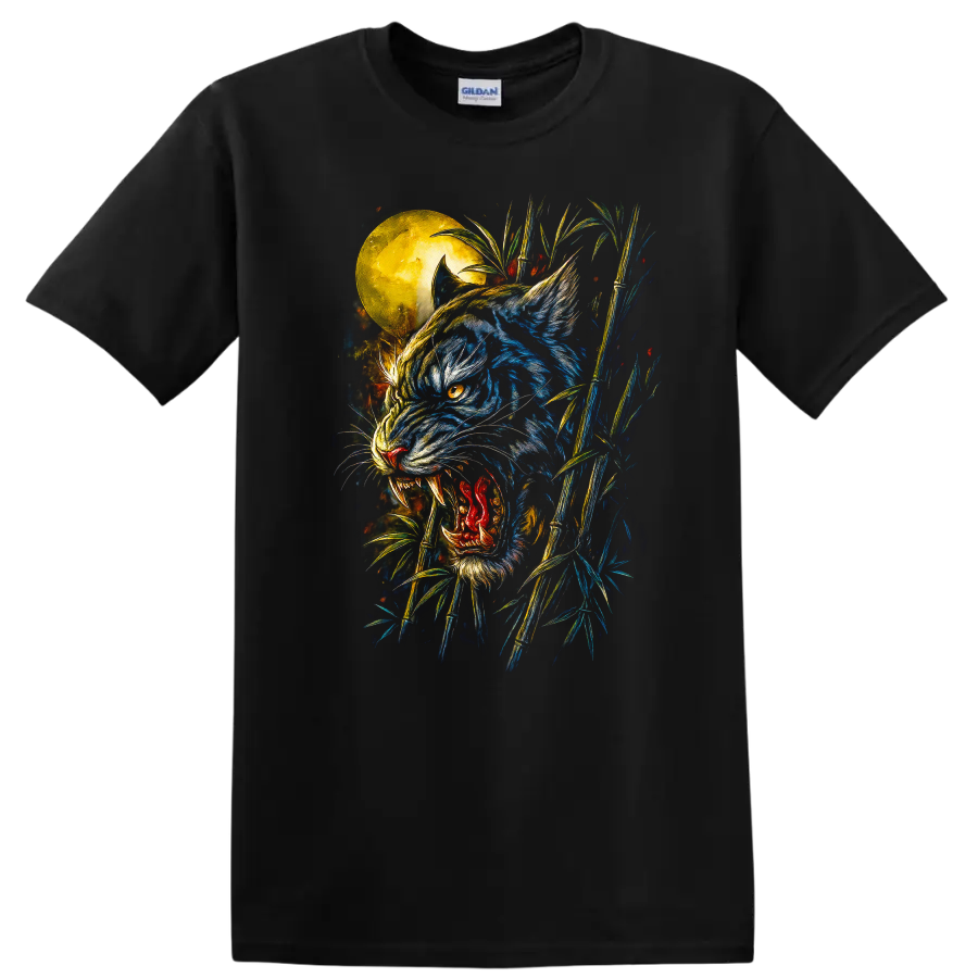 Japanese Style Blue Tiger Moon Bamboo T Shirt for Bold Streetwear - Black
