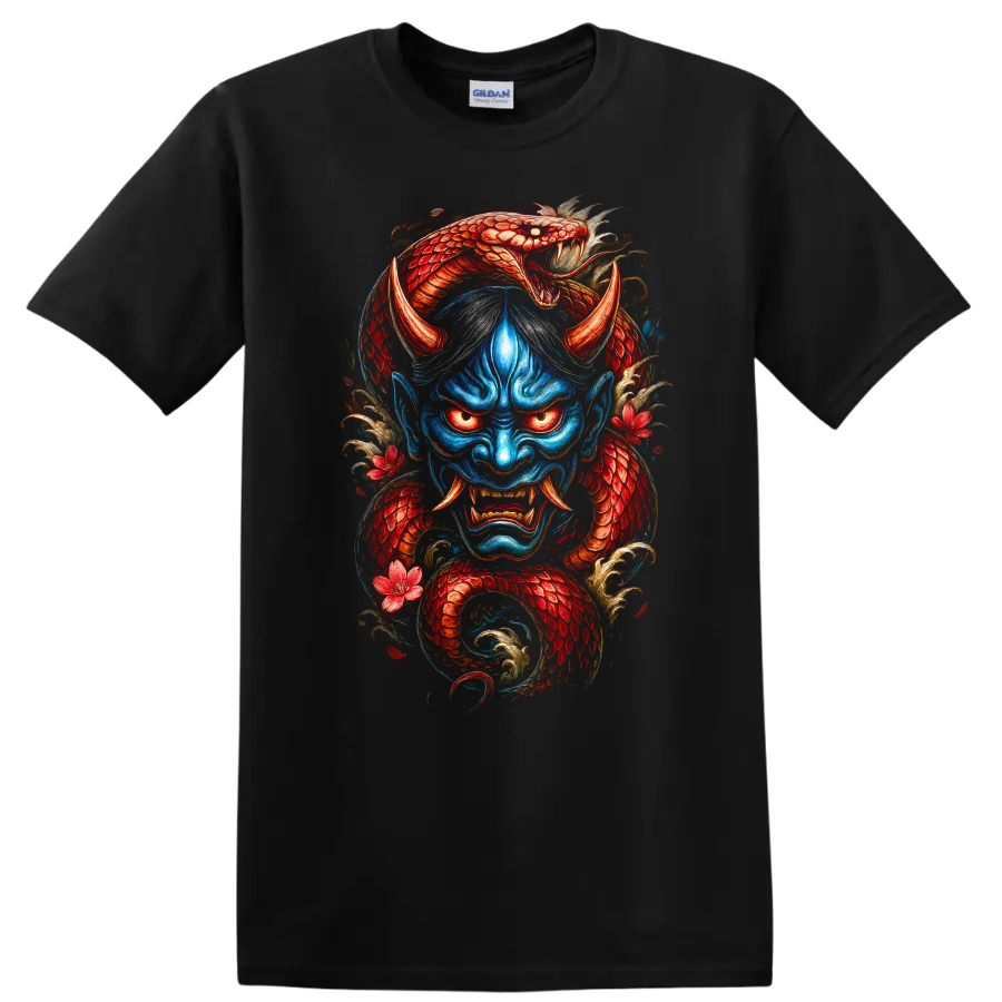 Japanese Demon Dragon Mask Art T Shirt Vintage Samurai Style - Black