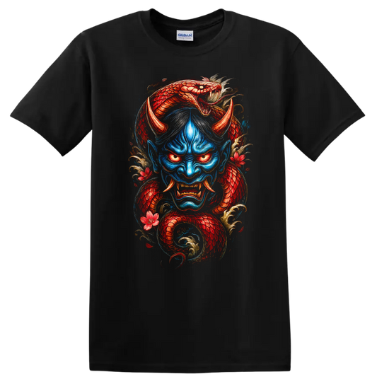 Japanese Demon Dragon Mask Art T Shirt Vintage Samurai Style - Black