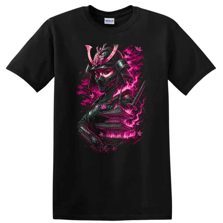 Japanese Samurai Warrior Neon Pink Graphic T Shirt for Bold Streetwear - Black
