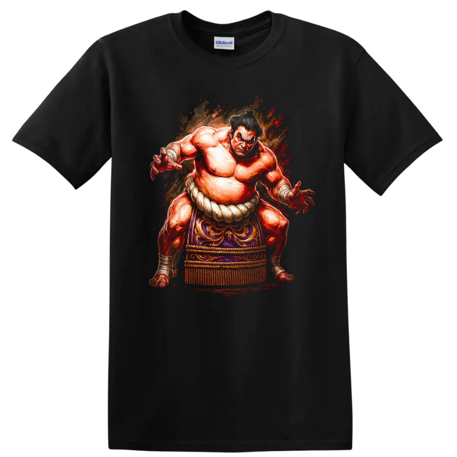 Japanese Sumo Wrestler Watercolor T Shirt Bold Traditional Style - Black