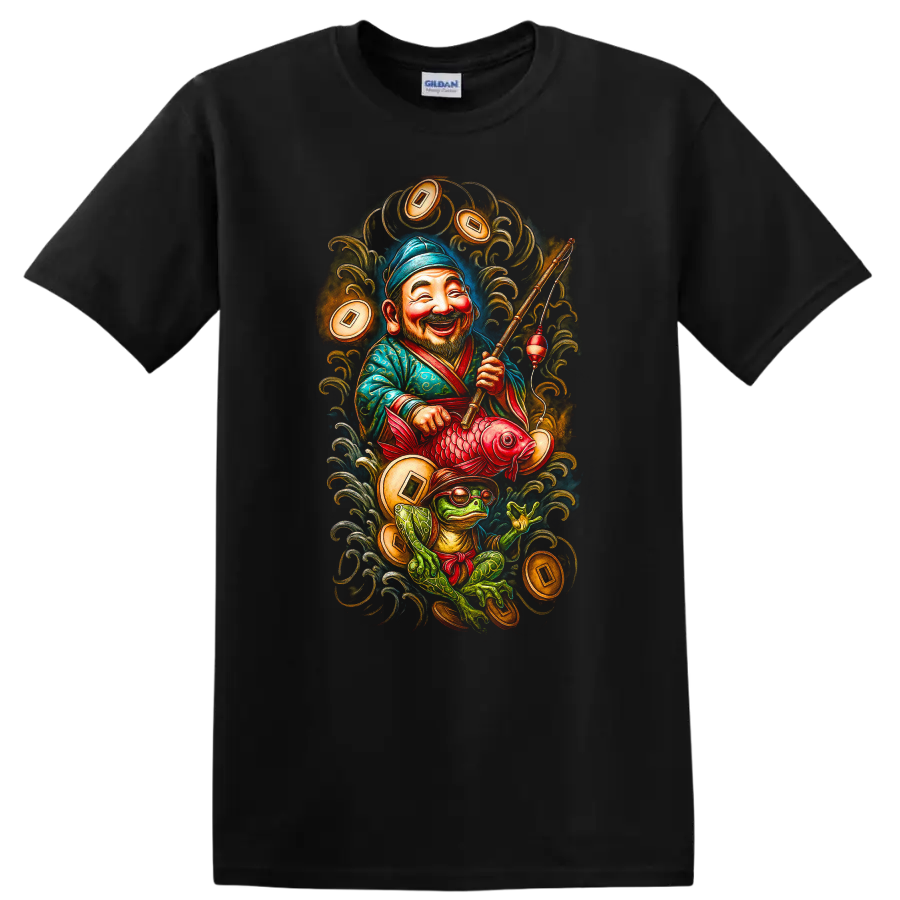 Japanese Style Fisherman and Frog T Shirt with Lucky Koi Art - Black