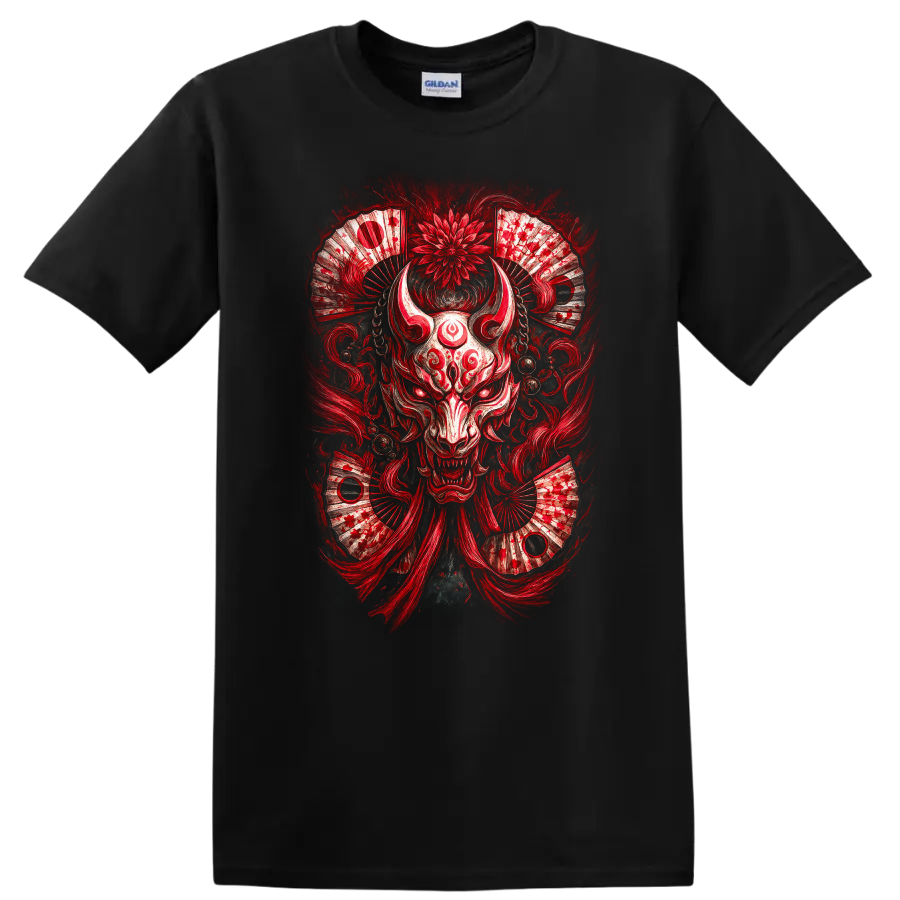 Japanese Oni Mask Red Samurai Demon Art T Shirt on a Black T Shirt