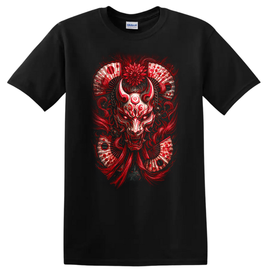 Japanese Oni Mask Red Samurai Demon Art T Shirt on a Black T Shirt
