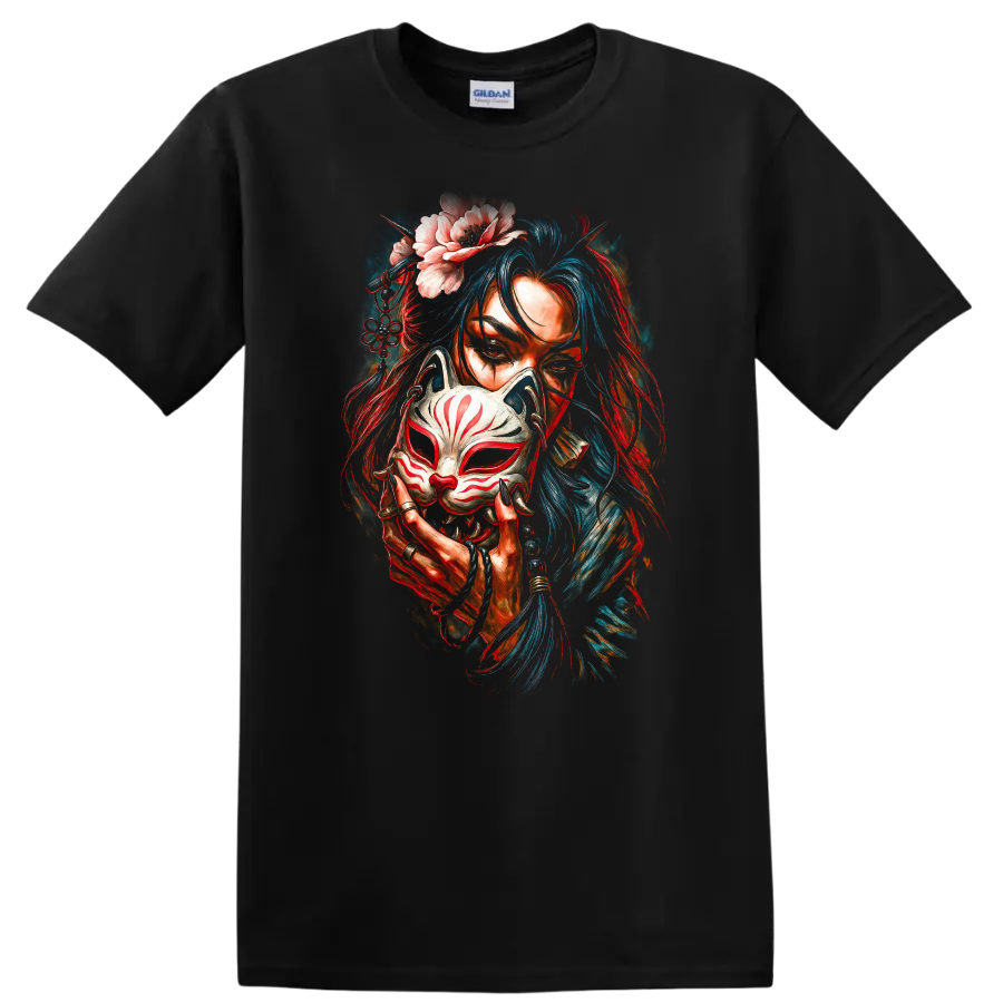 Japanese Style Woman Fox Mask Floral Art T Shirt Colorful Mystic Design - Black