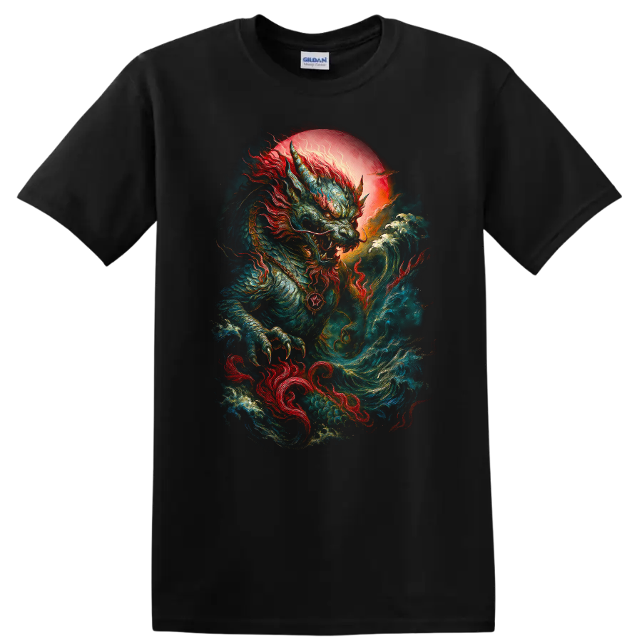 Japanese Dragon Wave Art T Shirt Bold Mythic Samurai Style - Black