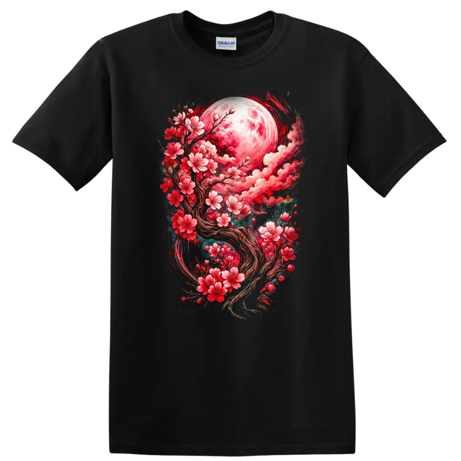 Japanese Style Cherry Blossom Moon T Shirt Floral Fantasy - Black