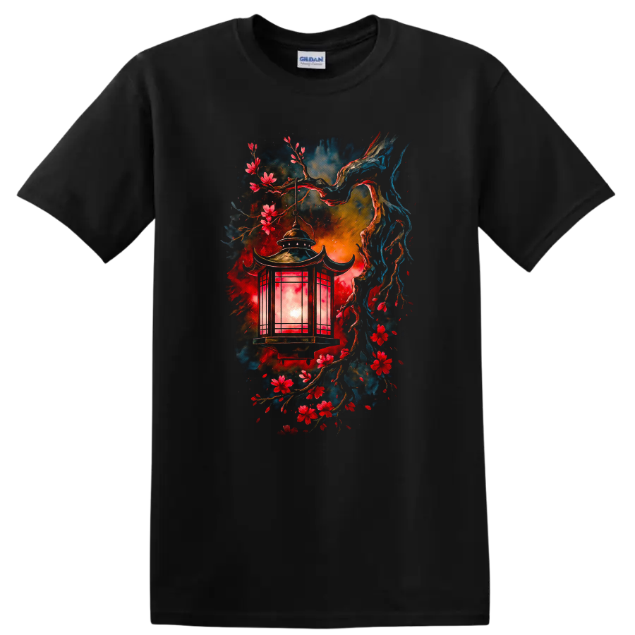Japanese Style Lantern and Cherry Blossoms Watercolor T Shirt - Black