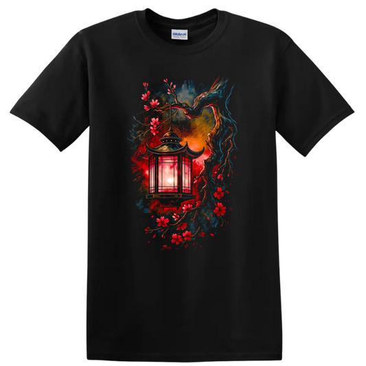 Japanese Style Lantern and Cherry Blossoms Watercolor T Shirt - Black