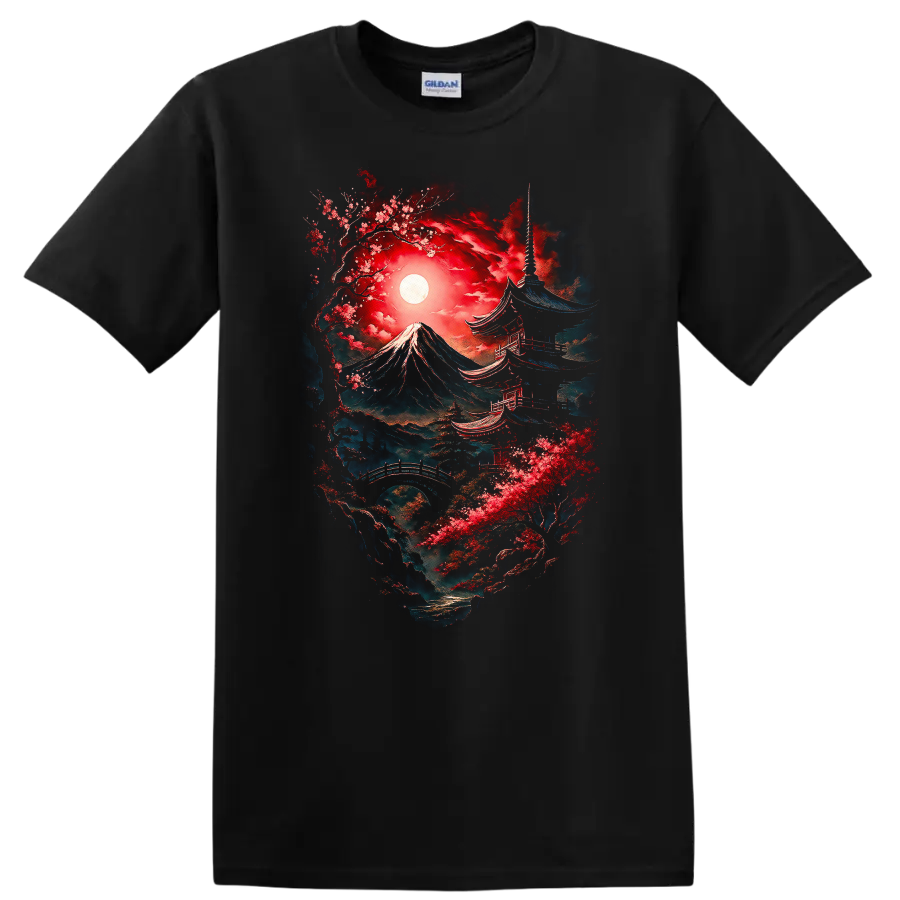 Japanese Style Mount Fuji and Pagoda Art T Shirt for Nature Lovers - Black