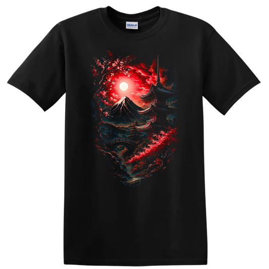 Japanese Style Mount Fuji and Pagoda Art T Shirt for Nature Lovers - Black