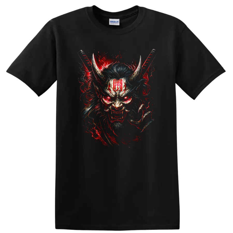 Japanese Oni Mask Samurai Dragon Art T Shirt for Men and Women - Black