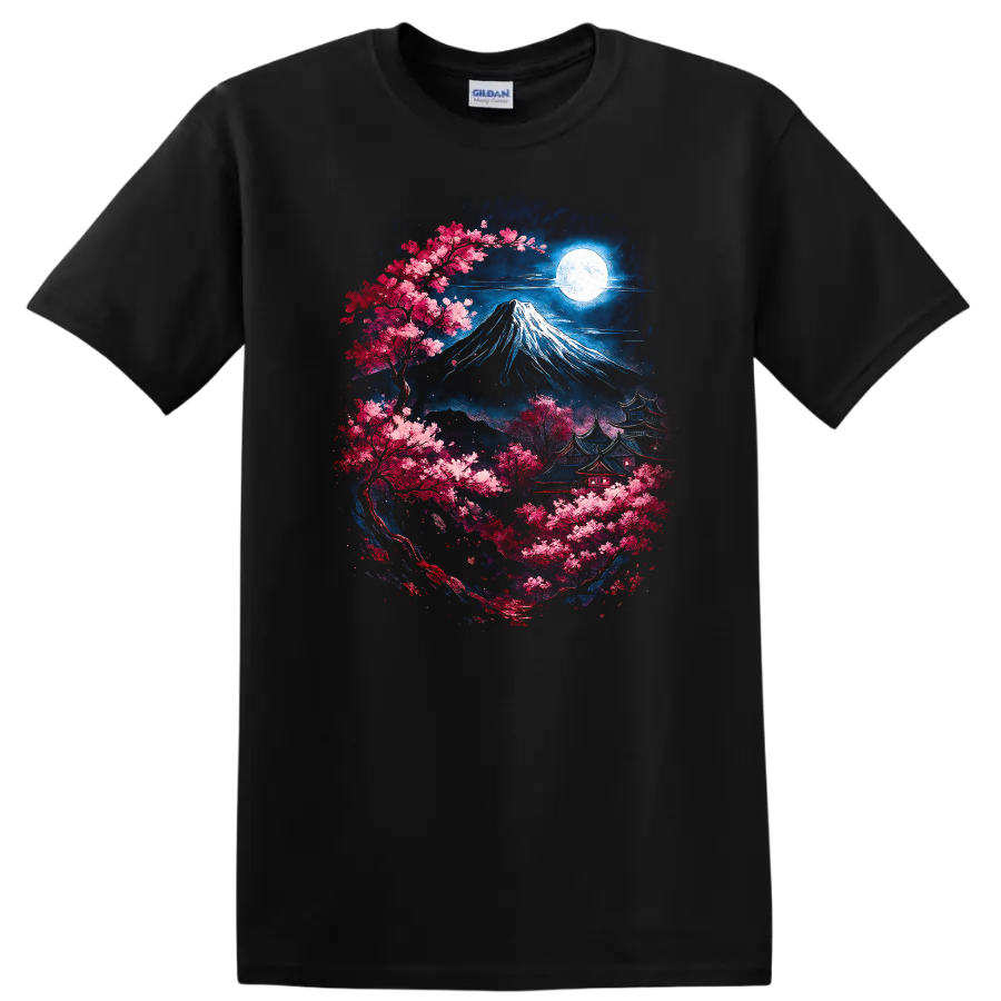 Japanese Style Mount Fuji Sakura Moon Night T Shirt - Black