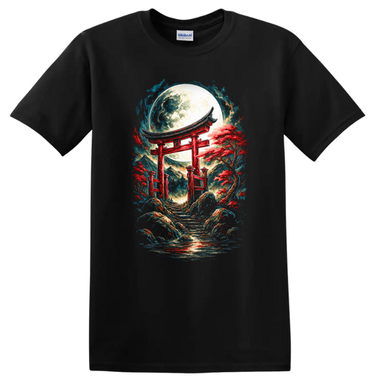 Japanese Torii Moon T Shirt Red Temple Garden Art Tee - Black