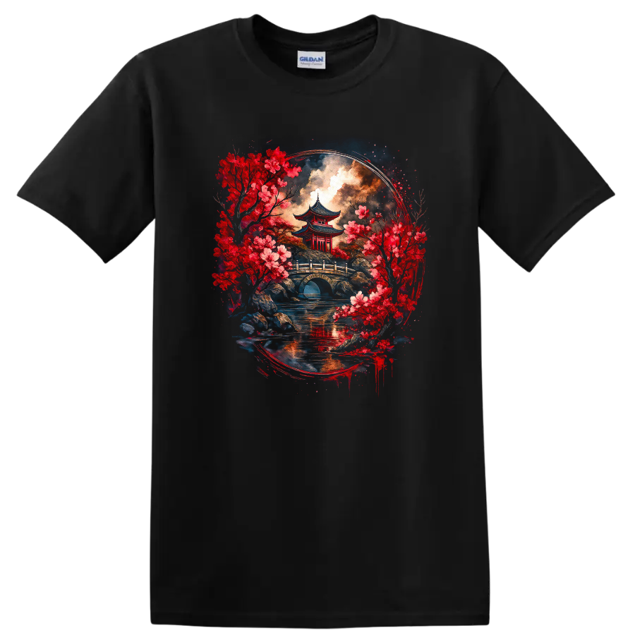 Japanese Pagoda Cherry Blossom Landscape T Shirt for Zen Art Lovers - Black