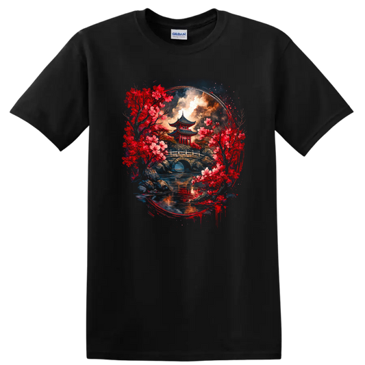 Japanese Pagoda Cherry Blossom Landscape T Shirt for Zen Art Lovers - Black