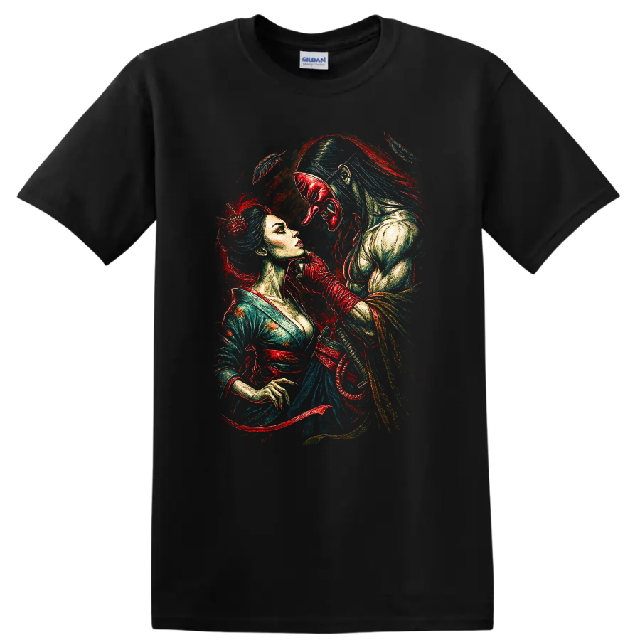 Japanese Style Samurai Woman and Shogun Mask Art T Shirt - Black