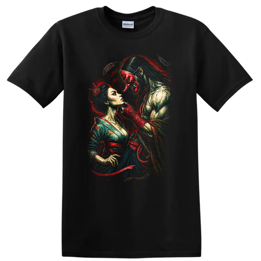 Japanese Style Samurai Woman and Shogun Mask Art T Shirt - Black