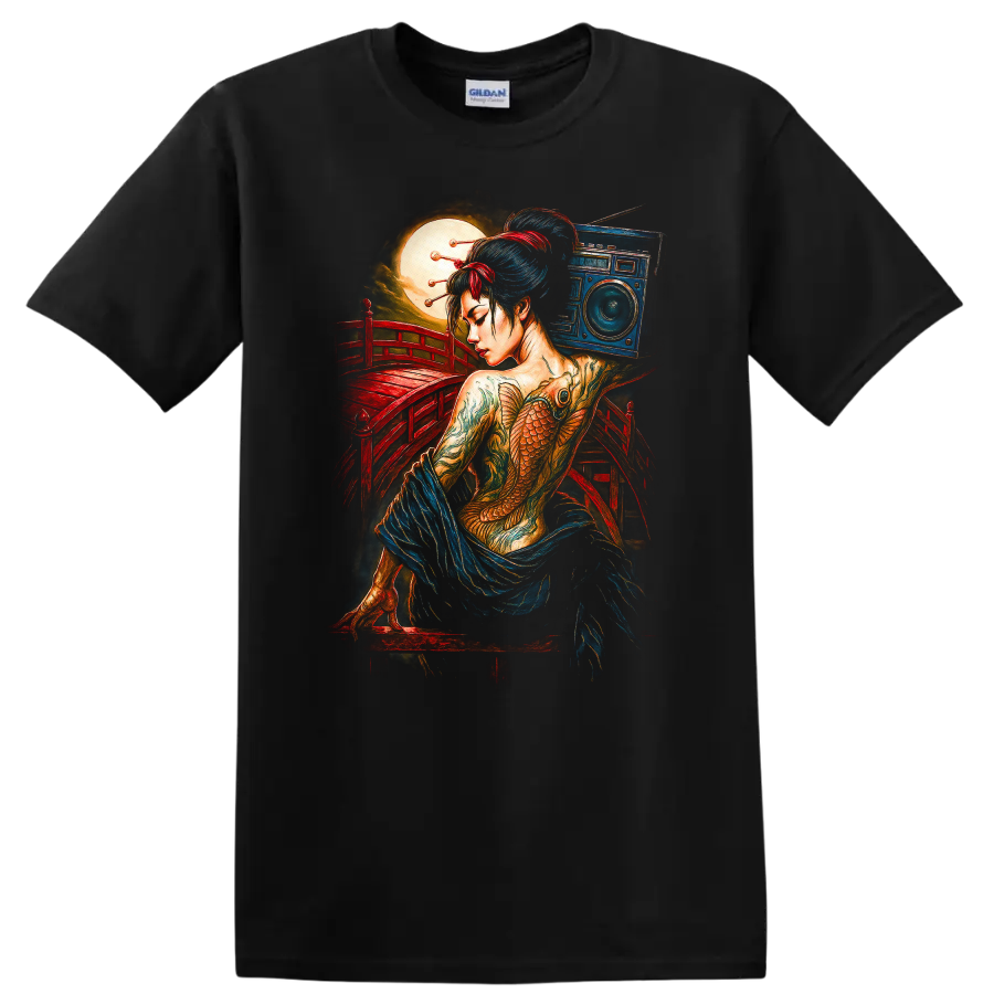 Japanese Geisha Fish Tattoo Art T Shirt with Red Bridge and Moon - Black