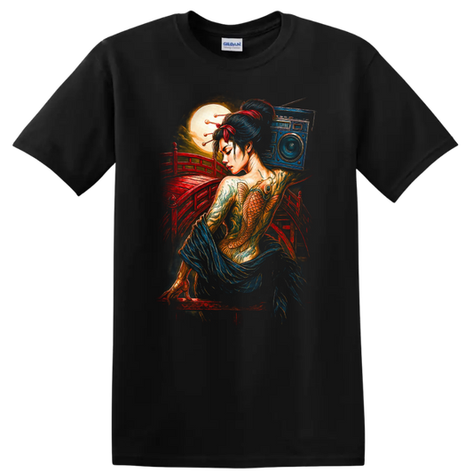 Japanese Geisha Fish Tattoo Art T Shirt with Red Bridge and Moon - Black