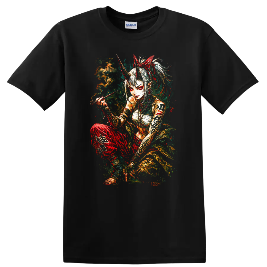 Japanese Oni Demon Girl Samurai Art T Shirt for Anime Style Fans - Black