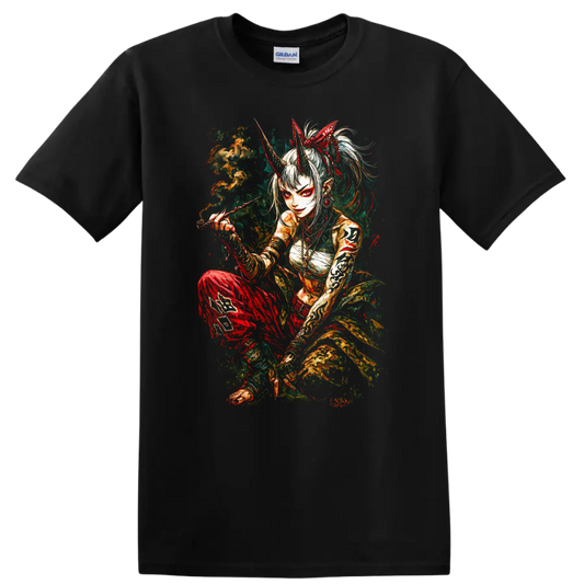 Japanese Oni Demon Girl Samurai Art T Shirt for Anime Style Fans - Black