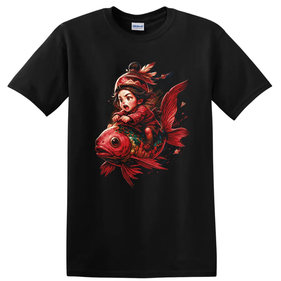 Japanese Style Koi Fish Rider Fantasy Art T Shirt - Black