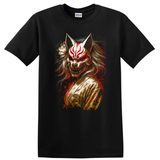 Japanese Fox Mask Oni Style T Shirt with Floral Samurai Art - Black