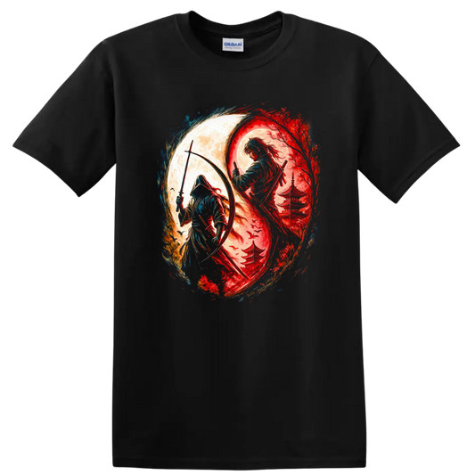 Japanese Samurai Yin Yang Warrior Art T Shirt for Zen Street Style - Black