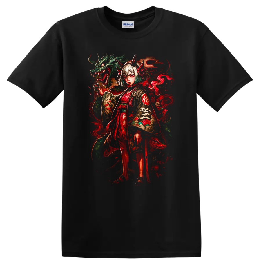 Japanese Style Demon Girl and Dragon Art T Shirt - Black