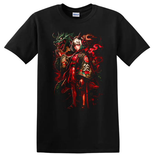 Japanese Style Demon Girl and Dragon Art T Shirt - Black