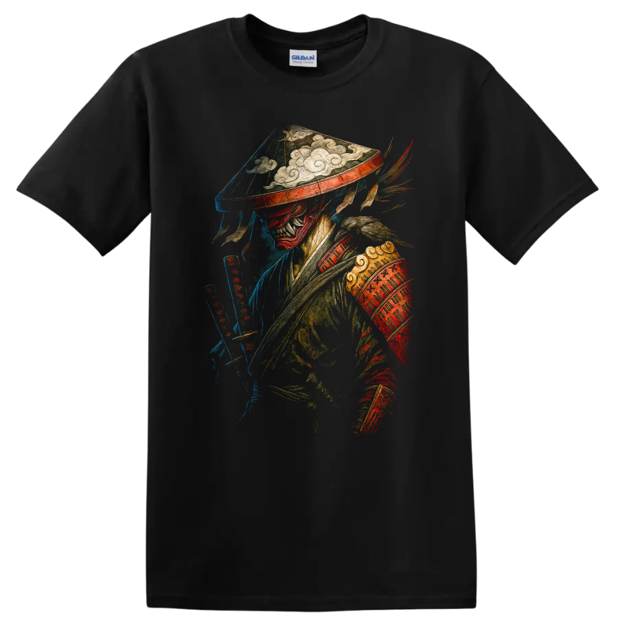 Japanese Style Warrior Mask T Shirt Colorful Fantasy Art - Black