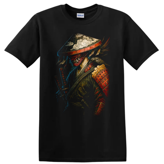 Japanese Style Warrior Mask T Shirt Colorful Fantasy Art - Black