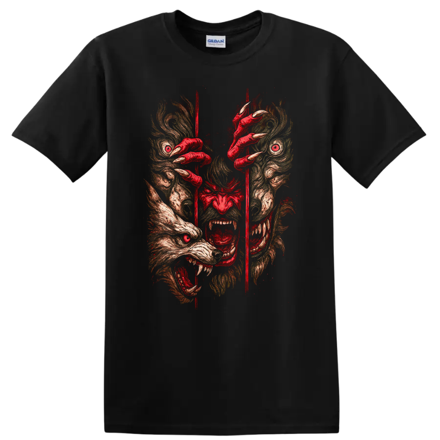 Japanese Oni Mask Graphic T Shirt with Red Claws and Fierce Demon Art - Black