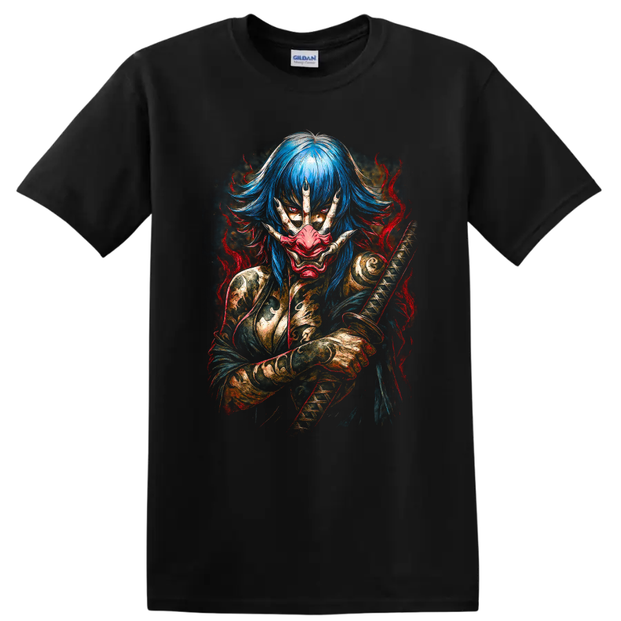 Japanese Style Oni Mask Blue Hair Samurai T Shirt Dark Fantasy Art - Black