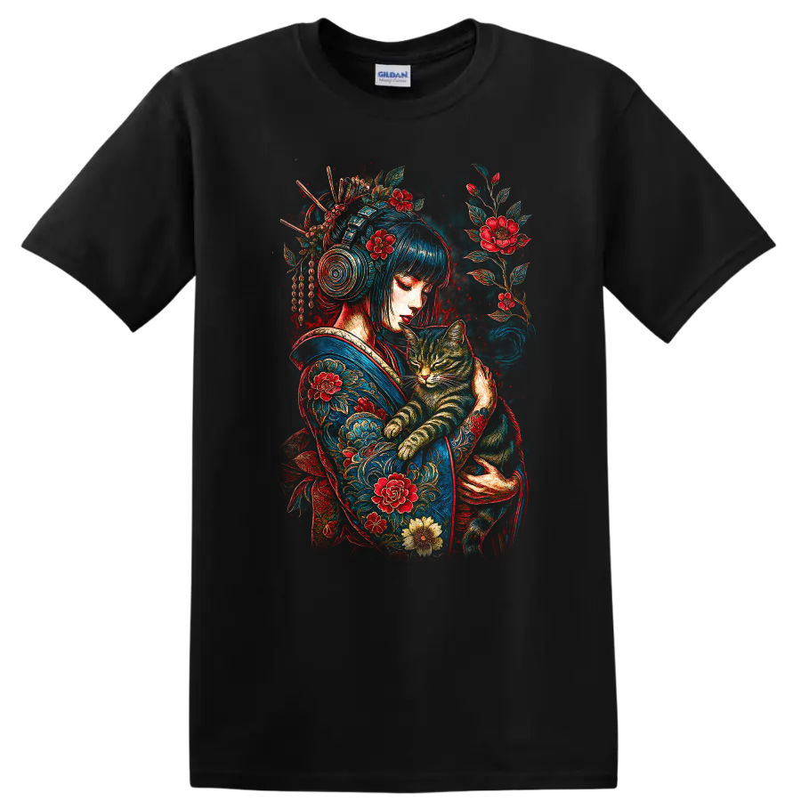 Japanese Style Woman With Cat Floral Art T Shirt - Black