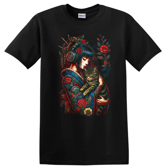 Japanese Style Woman With Cat Floral Art T Shirt - Black