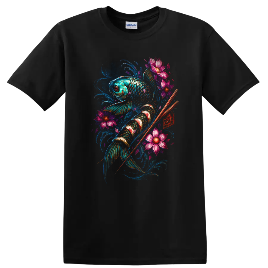Japanese Koi Fish Floral Art T Shirt, Vibrant Watercolor Design - Black