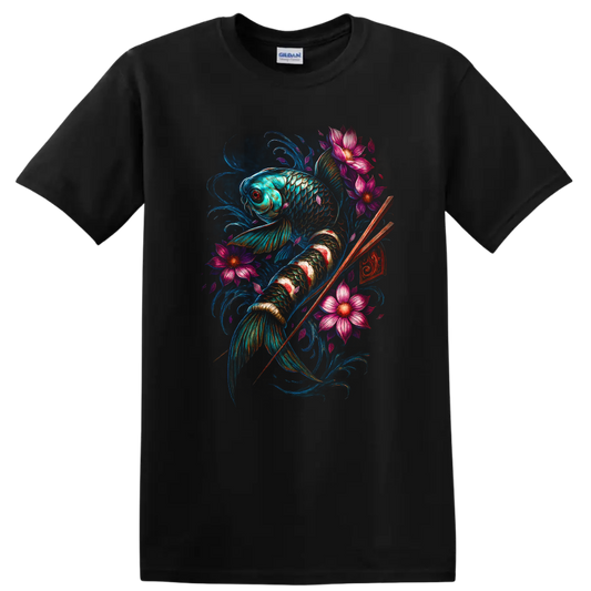 Japanese Koi Fish Floral Art T Shirt, Vibrant Watercolor Design - Black